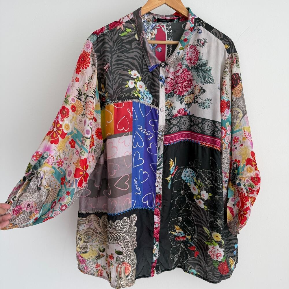 Johnny Was Silk Blouse 2X Floral Patchwork Boho Button Up Blouse Zippy Julia Top - Picture 3 of 11